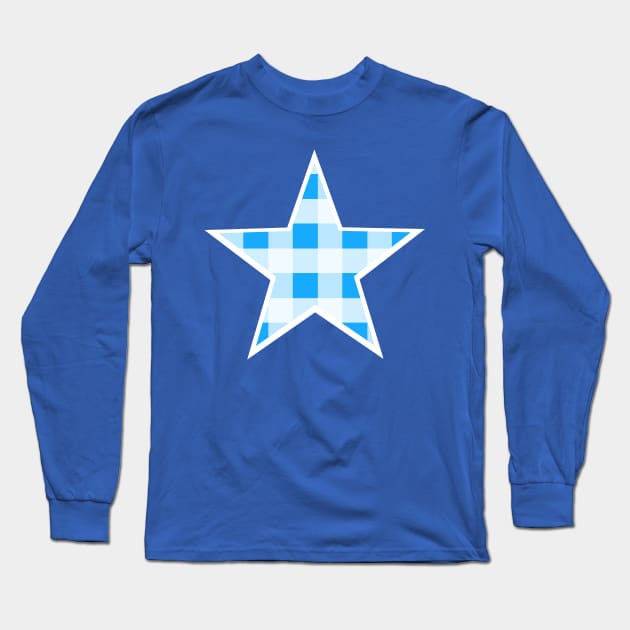 Bright Blue and White Buffalo Plaid Star Long Sleeve T-Shirt by bumblefuzzies